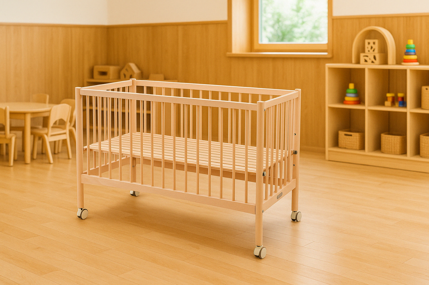 Fixed-Side Compact Slatted Mobile Crib – Natural Finish