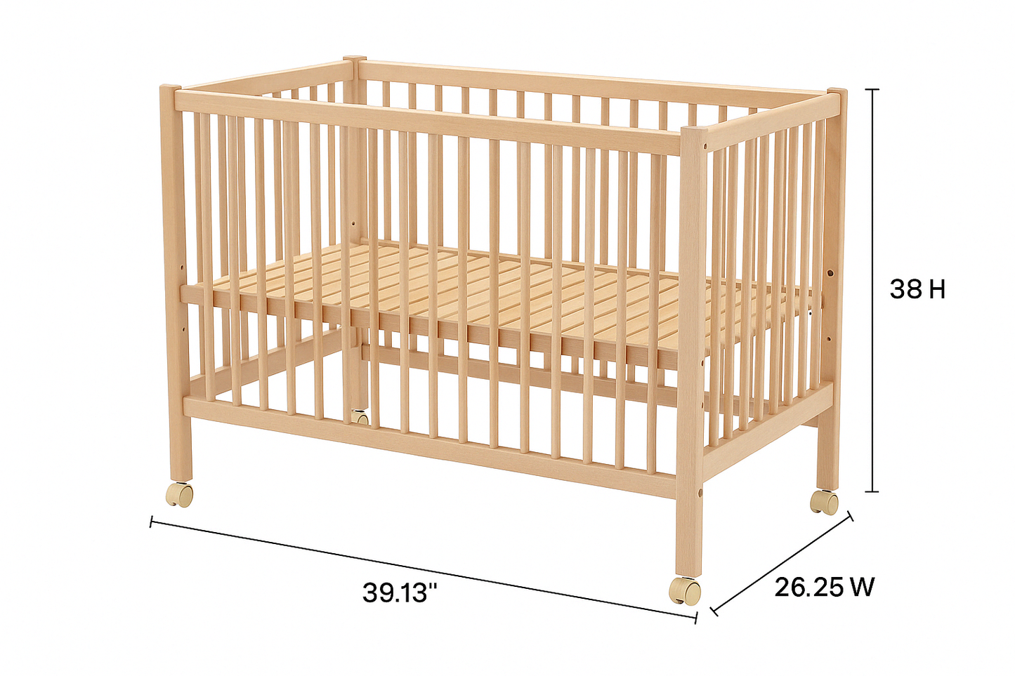 Fixed-Side Compact Slatted Mobile Crib – Natural Finish