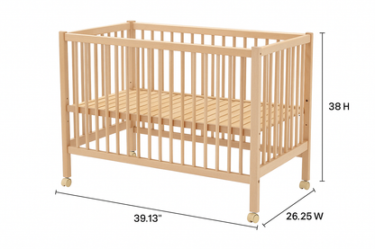 Fixed-Side Compact Slatted Mobile Crib – Natural Finish